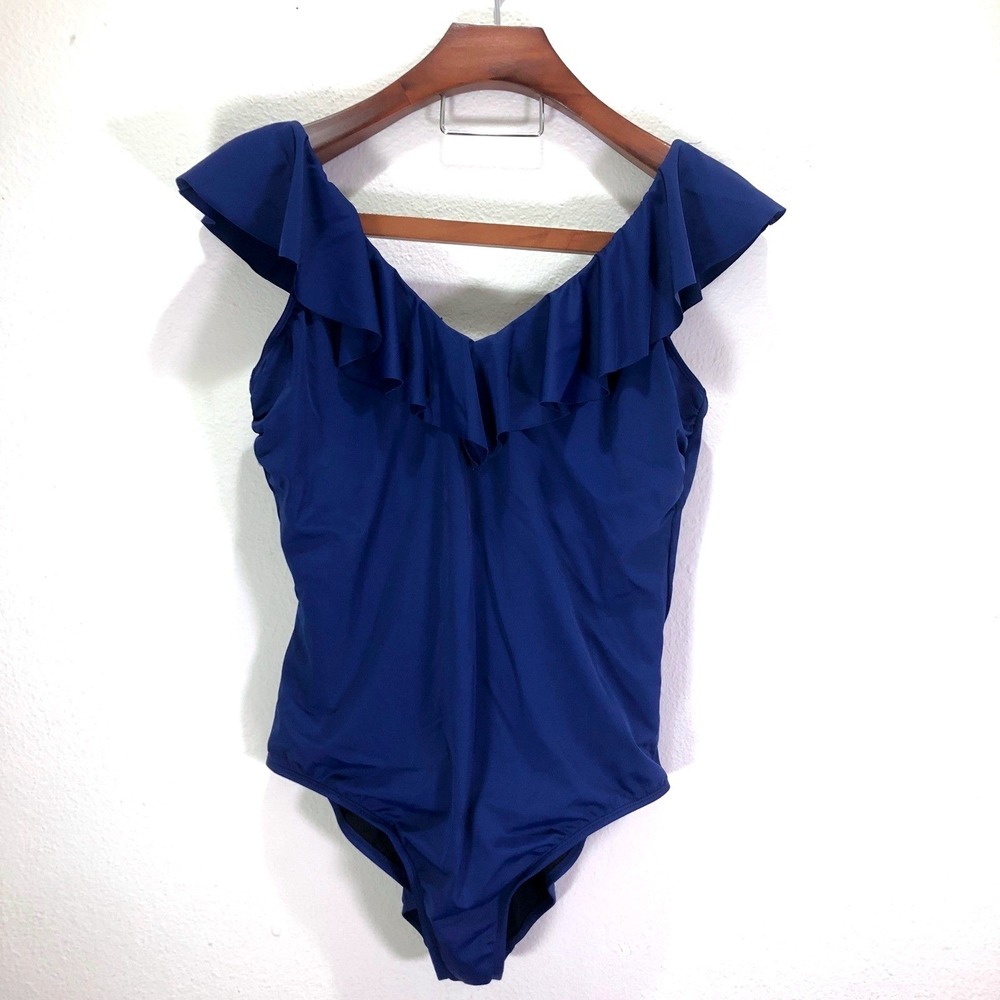 Bal Harbour Navy Blue One Piece Swimsuit Women's Size 20 Ruffle Flutter Sleeve
